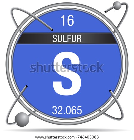 Sulfur symbol inside a metal ring with colored background and spheres orbiting around. Element number 16 of the Periodic Table of the Elements - Chemistry 