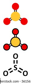 Sulfur trioxide pollutant molecule. Principal agent in acid rain. Stylized 2D renderings and conventional skeletal formula. 