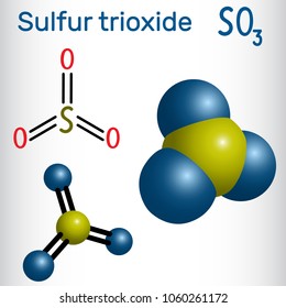 Sulfur trioxide (sulfuric anhydride, SO3) molecule. Structural chemical formula and molecule model. Vector illustration

