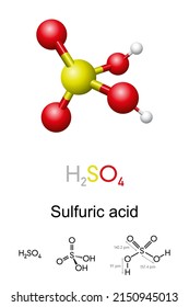 Sulfuric acid, H2SO4, ball-and-stick model, molecular and chemical formula with binding lengths. Known as sulphuric acid, or oil of vitriol in antiquity. Mineral acid and important commodity chemical.
