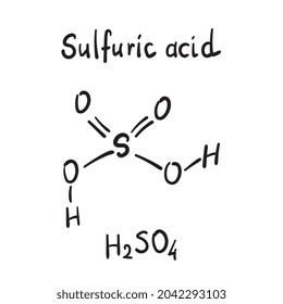 Schwefelsäure-Molekül-Formel. Handgezeichnete Imitation des Schwefelsäure-Strukturmodells, Öl aus der Vitriol-Chemie-Skelettformel, skizzisches Vektorsymbol