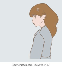Sulk businesswoman squinting at someone with angry symbol on head, controlling oneself. Hand drawn flat cartoon character vector illustration.