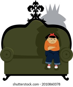 Sulking little girl sitting in a grand chair, her shadow shows a crown on her head, EPS 8 vector illustration, no transparencies