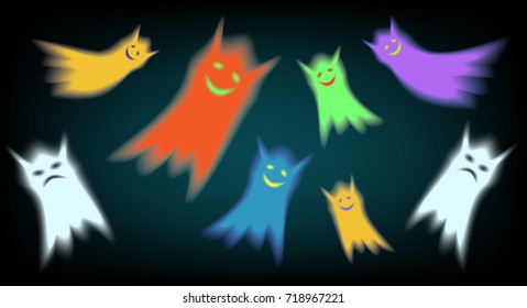Sullen and colored cheerful cute ghosts.
