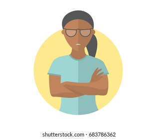 Sullen and gloomy black pretty girl in glasses, offended woman. Flat design icon. Morose, moody emotion. Simply editable isolated on white vector sign