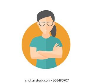 Sullen and gloomy pretty girl in glasses, offended woman. Flat design icon. Morose, moody emotion. Simply editable isolated on white vector sign