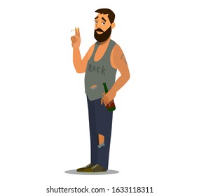 A sullen loafer stands Smoking a cigarette and drinking beer. Flat character design for a person who has problems with alcohol, giving up life.