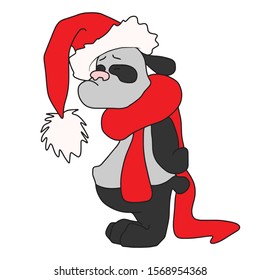 Sullen Panda in a red hat and a long red scarf.Christmas.On hand-drawn, on a white isolated background.Design for greeting card,banner