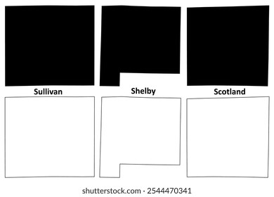 Sullivan, Shelby and Scotland County, Missouri (condado dos EUA, Estados Unidos da América, EUA, EUA) mapa ilustração vetorial, mapa de esboço de rabisco