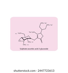 Sulphate ascorbic acid-2-glucoside skeletal structure diagram.Vitamin C derivative compound molecule scientific illustration on pink background.