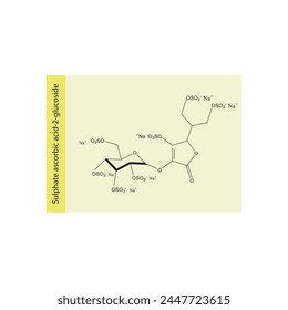 Sulphate ascorbic acid-2-glucoside skeletal structure diagram.Vitamin C derivative compound molecule scientific illustration on yellow background.