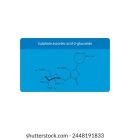 Sulphate ascorbic acid-2-glucoside skeletal structure diagram.Vitamin C derivative compound molecule scientific illustration on blue background.
