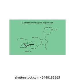 Sulphate ascorbic acid-2-glucoside skeletal structure diagram.Vitamin C derivative compound molecule scientific illustration on green background.
