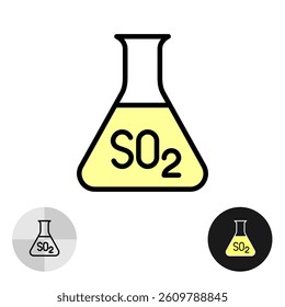 Sulphur dioxide icon. Chemical triangle flask with yellow content and written formula. Editable stroke.