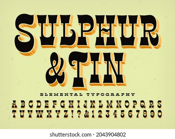 Sulphur and Tin is a condensed stylized western style alphabet with 3d depth effects; good for rodeo posters, old west, circus and carnival themes, wanted posters, etc.