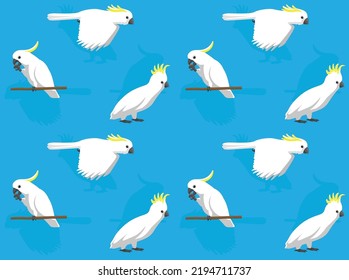 Sulphur-Crested Cockatoo Cartoon Character Seamless Wallpaper Background Set 2