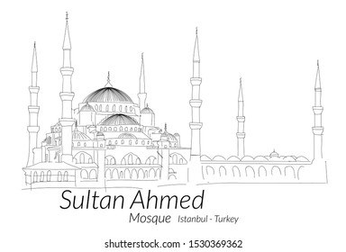 Sultan Ahmed Mosque or Blue Mosque in Istanbul Turkey with Hand drawn sketch. Vector illustration.