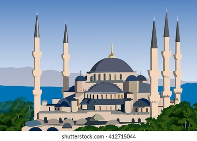 Sultan Ahmed Mosque. Blue Mosque vector illustration.