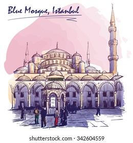 Sultan Ahmed Mosque courtyard with people coming for the Maghrib prayer. Painted sketch. EPS10 vector illustration.