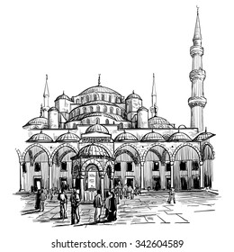 Sultan Ahmed Mosque courtyard with people coming for the Maghrib prayer. Sketch isolated on white background. EPS10 vector illustration.