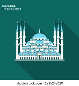 Sultan Ahmed Mosque, Istanbul, Turkey. Flat icon with long shadow