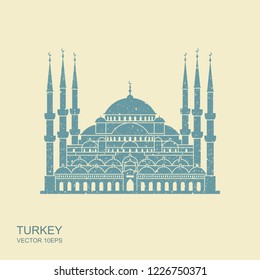Sultan Ahmed Mosque, Istanbul, Turkey. Flat icon with scuffed effect