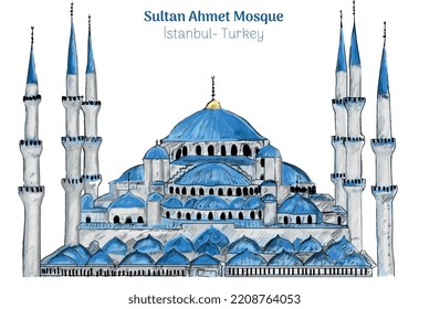 Sultan Ahmet Mosque istanbul turkey hand drawing vector illustration 