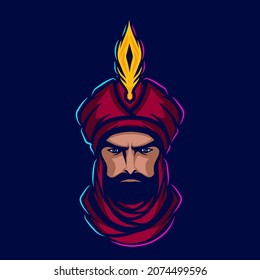 Sultan arabian king logo vector line neon art potrait colorful design with dark background. Abstract graphic illustration. Isolated black background for t-shirt