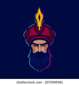 Logo del rey arabio Sultan vectorial línea de arte neón retrato de diseño colorido con fondo oscuro. Ilustración gráfica abstracta. Fondo negro aislado para camiseta