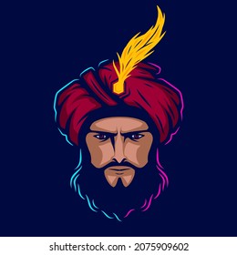 Sultan arabian king logo vector line neon art potrait colorful design with dark background. Abstract graphic illustration. Isolated black background for t-shirt