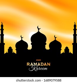 Sultan Grand Mosque silhouette at sunset, vector illustration. Ramadan Kareem banner or greeting card with place for your text.