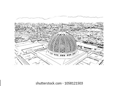 Sultan Qaboos Grand Mosque in Muscat, Oman. Hand drawn sketch illustration in vector.