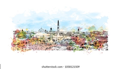 Sultan Qaboos Grand Mosque in Muscat, Oman. Watercolor splash with Hand drawn sketch illustration in vector.