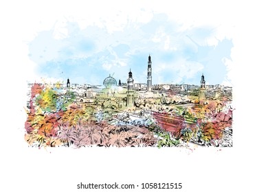 Sultan Qaboos Grand Mosque in Muscat, Oman. Watercolor splash with Hand drawn sketch illustration in vector.