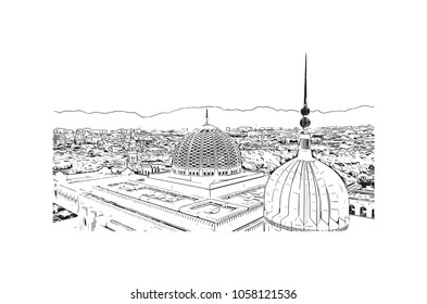 Sultan Qaboos Grand Mosque in Muscat, Oman. Hand drawn sketch illustration in vector.