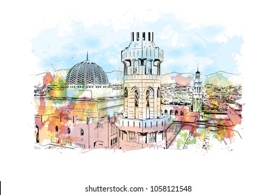 Sultan Qaboos Grand Mosque in Muscat, Oman. Watercolor splash with Hand drawn sketch illustration in vector.