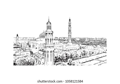 Sultan Qaboos Grand Mosque in Muscat, Oman. Hand drawn sketch illustration in vector.