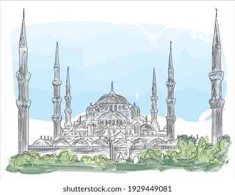 Sultanahmet camii Blue Mosque Hand drawing mosque watercolor vector sketch drawing