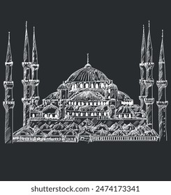 Sultanahmet camii Mezquita Azul Dibujo a mano mezquita acuarela Vector boceto dibujo fondo negro