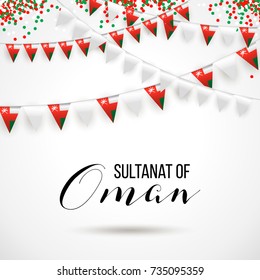 Sultanat of Oman national day 18 november background with waving flag, balloon, confetti with national colors. Green, red, white. Template design layout for card, banner, poster, flyer, card.