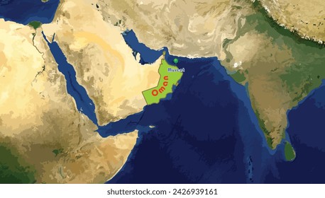 Mapa del Sultanato de Omán y Mascate, su capital en el fondo mundial. El país islámico es famoso por su antiguo sistema de irrigación de los oasis aflaj, la Gran Mezquita del sultán Qaboos, el mercado de pescado