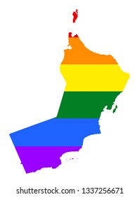 Sultanate of Oman vector map silhouette and LGBT flag over map. Gay flag over Oman map. Human rights, freedom and liberty. Middle east pride. Lesbian community association. Free mind. Tolerance