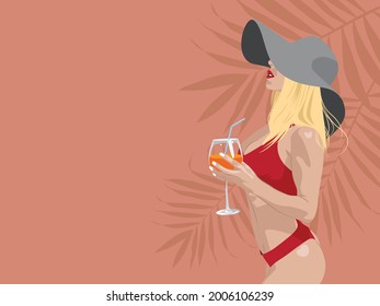 sultry tanned blonde in a red swimsuit and hat with a glass of cocktail in her hand