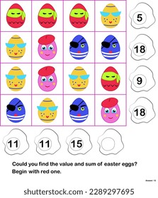 Sum box mathematics for children with painted faces of characters flat vector illustration. Find a value of each egg.