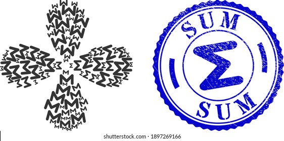 Sum centrifugal flower with four petals, and blue round SUM rough rubber print with icon inside. Element flower combined from oriented sum items. Vector flower collage in flat style.