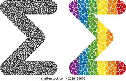 Sum collage icon of round items in different sizes and spectrum colored color tones. A dotted LGBT-colored sum for lesbians, gays, bisexuals, and transgenders. Vector symbol in LGBT flag colors.