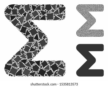 Sum composition of humpy pieces in different sizes and color tints, based on sum icon. Vector humpy pieces are organized into collage. Sum icons collage with dotted pattern.