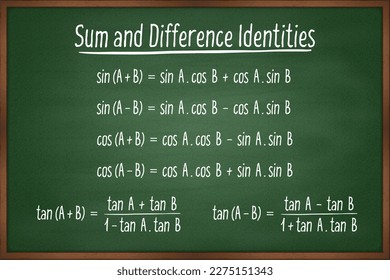 Sum and difference identities trigonometry formula on green chalkboard vector