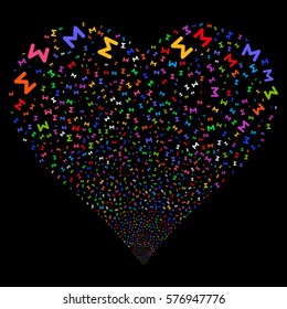 Sum fireworks with heart shape. Vector illustration style is flat bright multicolored iconic symbols on a black background. Object stream created from scattered pictographs.
