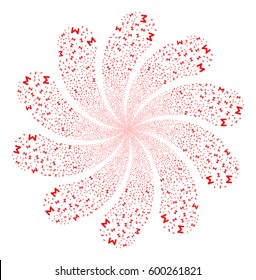 Sum fireworks swirl flower with ten petals. Vector illustration style is flat red scattered symbols. Object whirlpool combined from random pictographs.